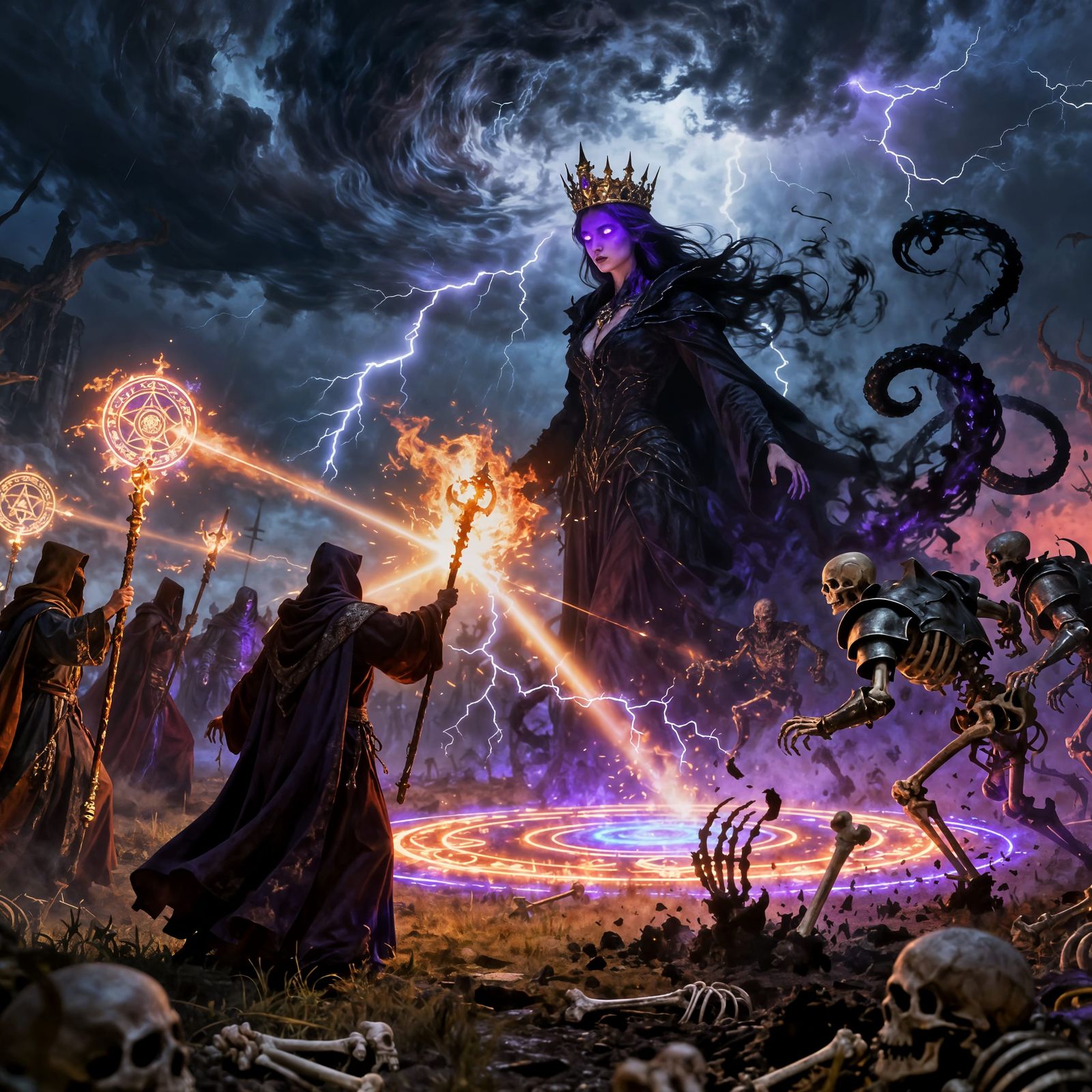 Mages Clash with Necromancer on Dark Battlefield