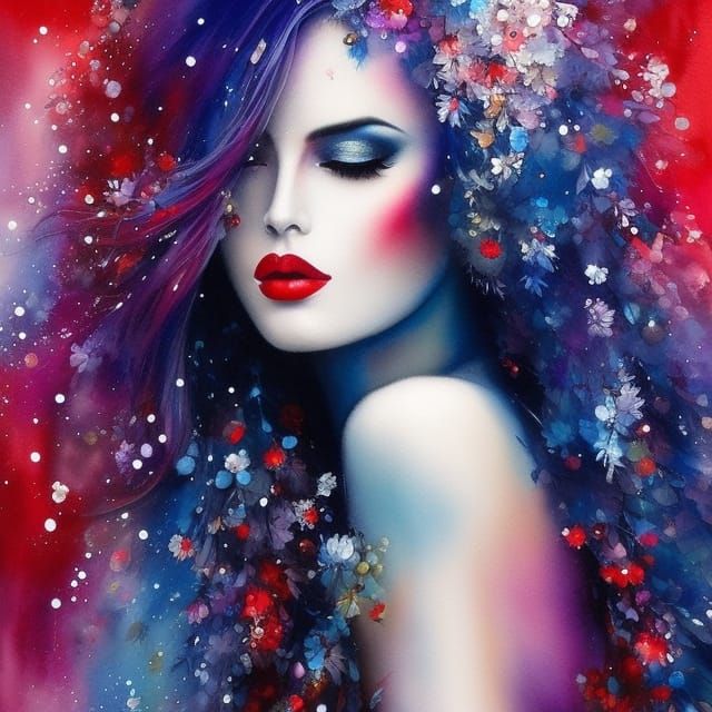 Watercolor Portrait of Beautiful Woman in Garden