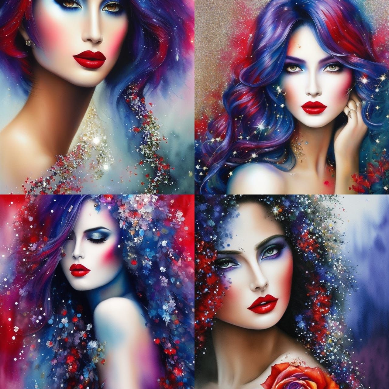 Stunning Watercolor Woman with Sparkles and Silver