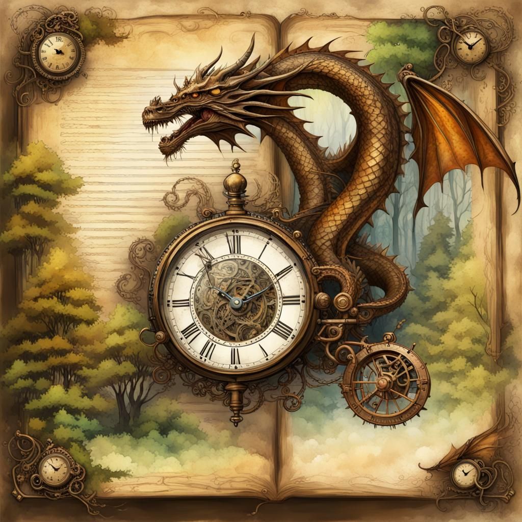 Steampunk Dragon Forest with Musical Notes in Watercolor Sty...