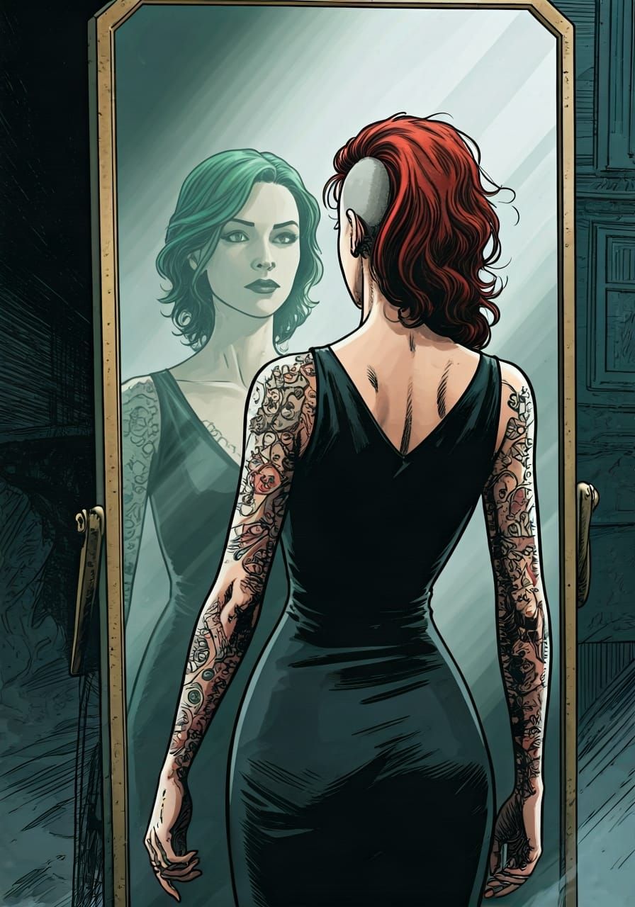 Woman and Reflection, Gritty Graphic Novel Art