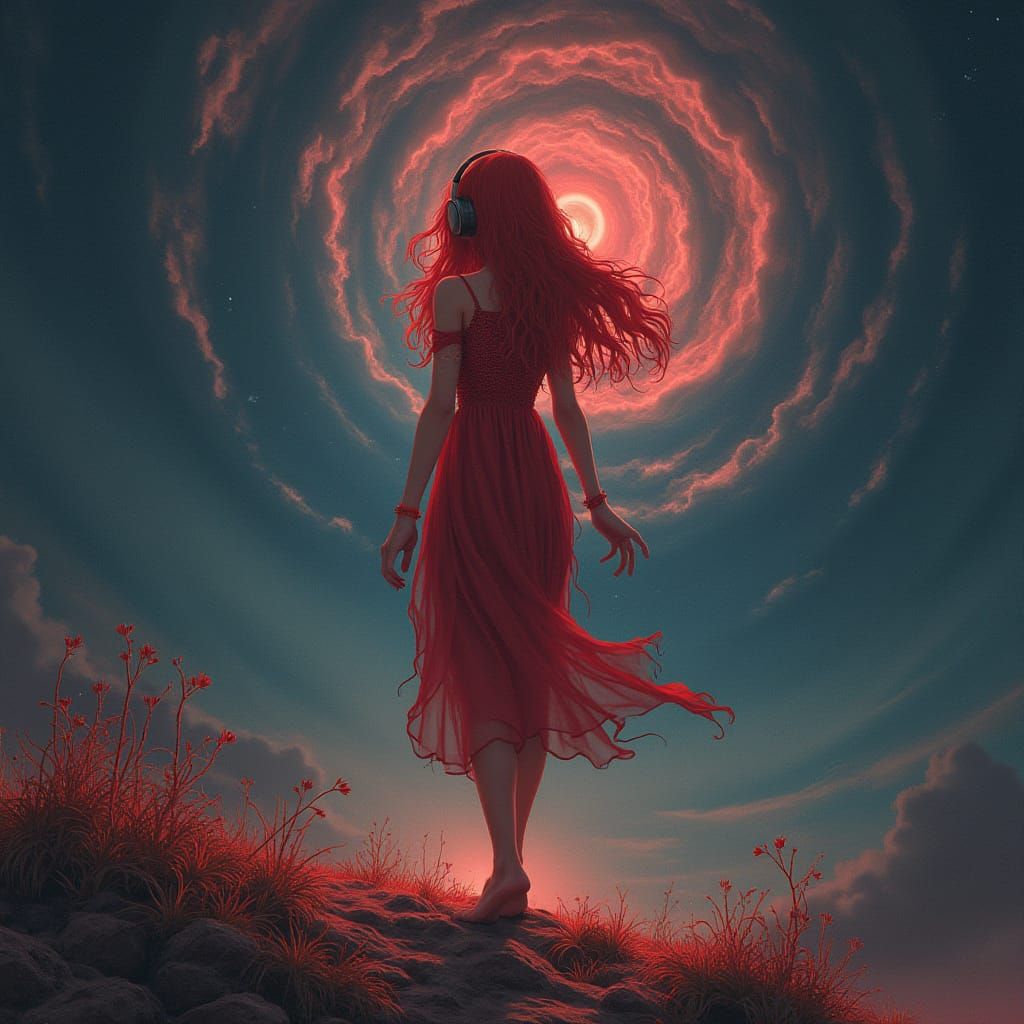 Redhead Girl Wielding Power in 80s Anime Style