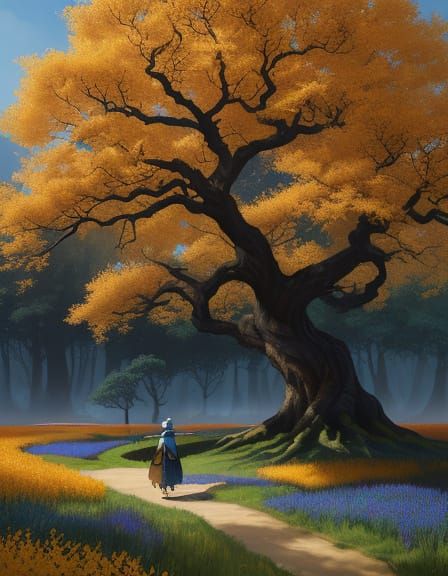 Whimsical Sumi-e Landscape with Farmer and Blossom Trees