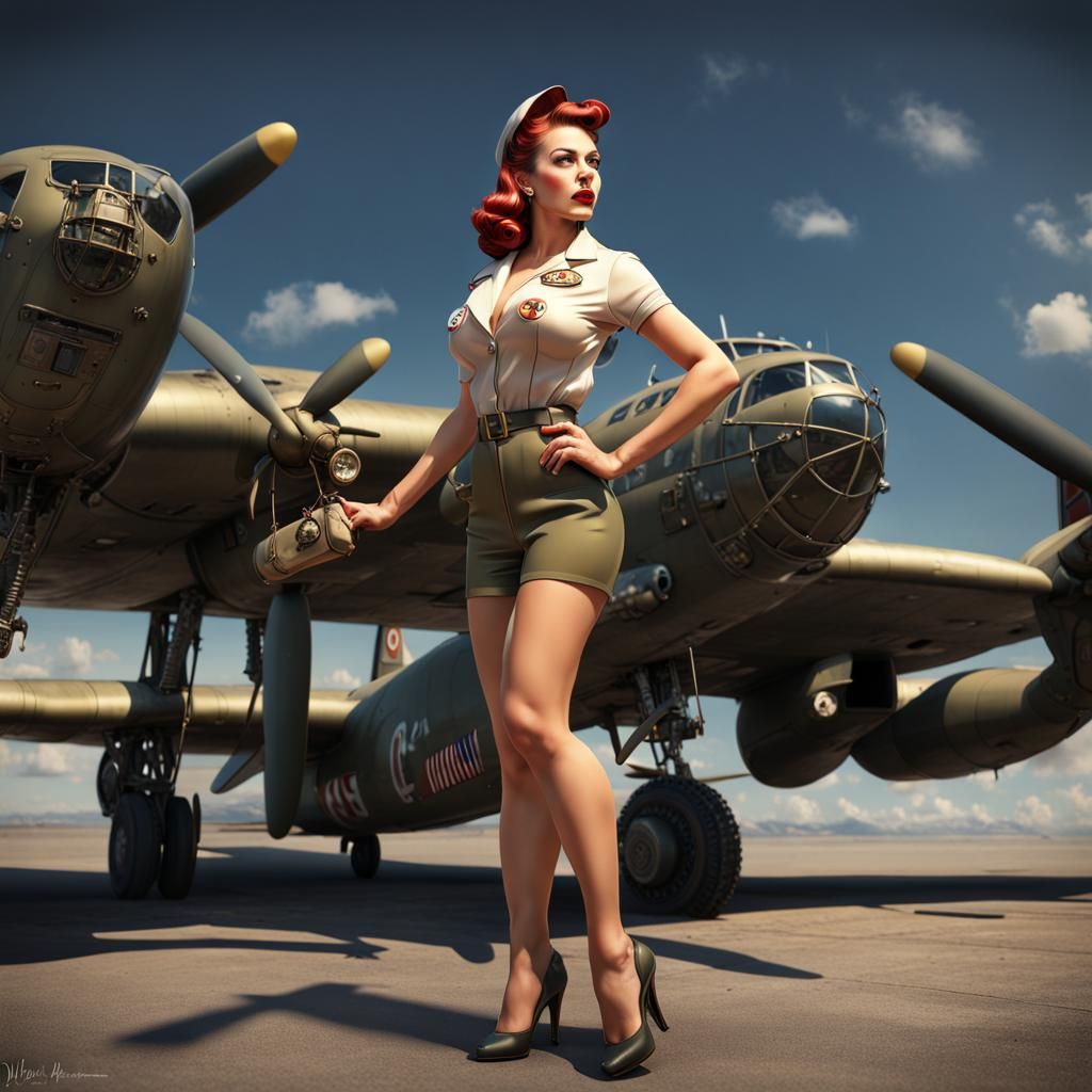 WWII Pin-Up Girl with B-52 Bomber Art