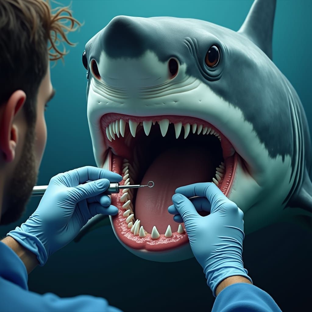 Dentist Inspects Great White Shark Teeth