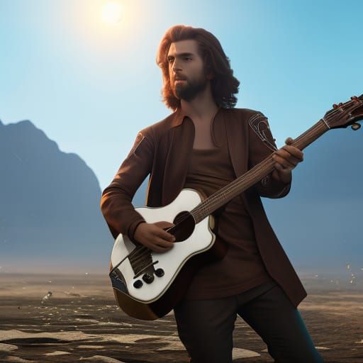 Young Man Playing Guitar in Detailed Digital Painting