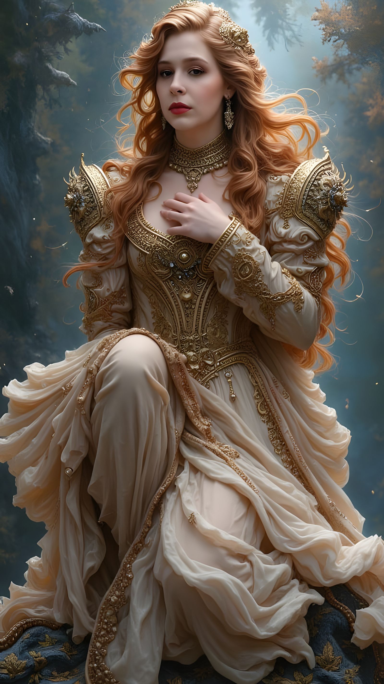 Ethereal Mountain Goddess with Intricate Fabrics and Pearls