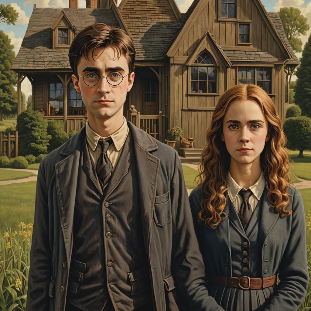 Harry Potter and Hermione Granger in American Gothic Style