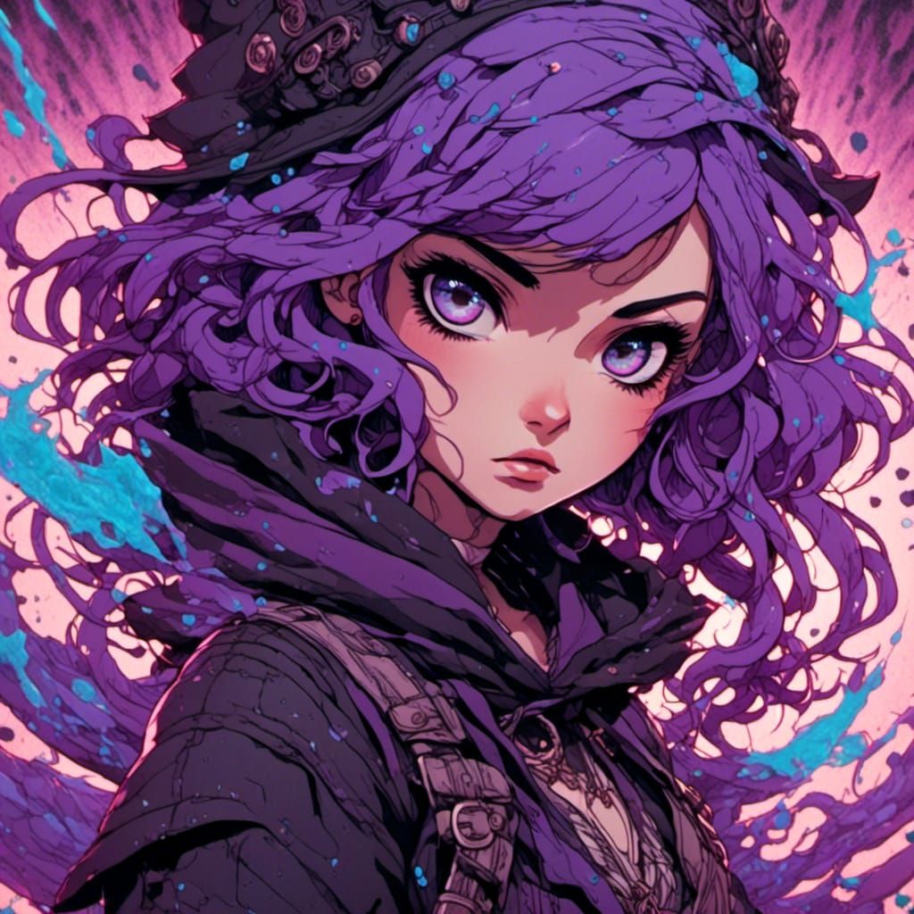 Anime Witch with Copper Curls in Graffiti Art Style