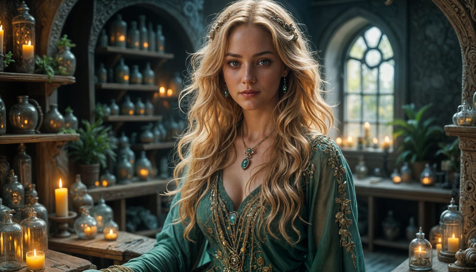 Mystical Amazon Sorceress in Candlelit Chamber