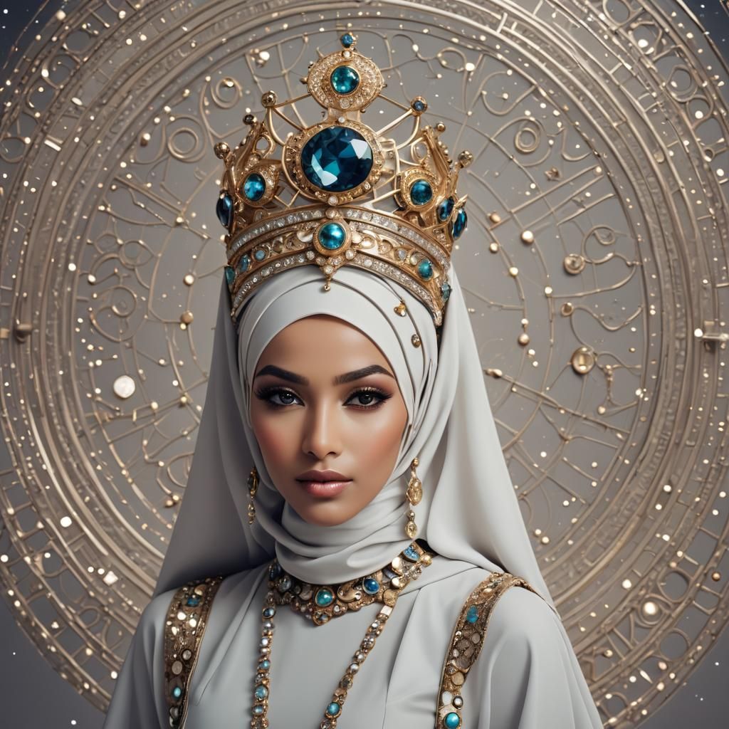Cosmic Hijabi Queen with Futuristic Crown
