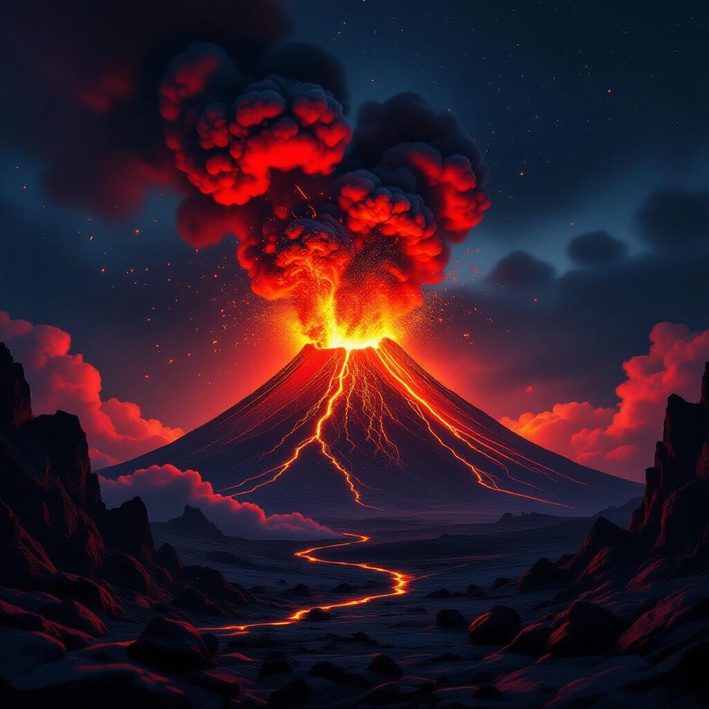 Hyperrealistic Volcano Eruption in Fire Red