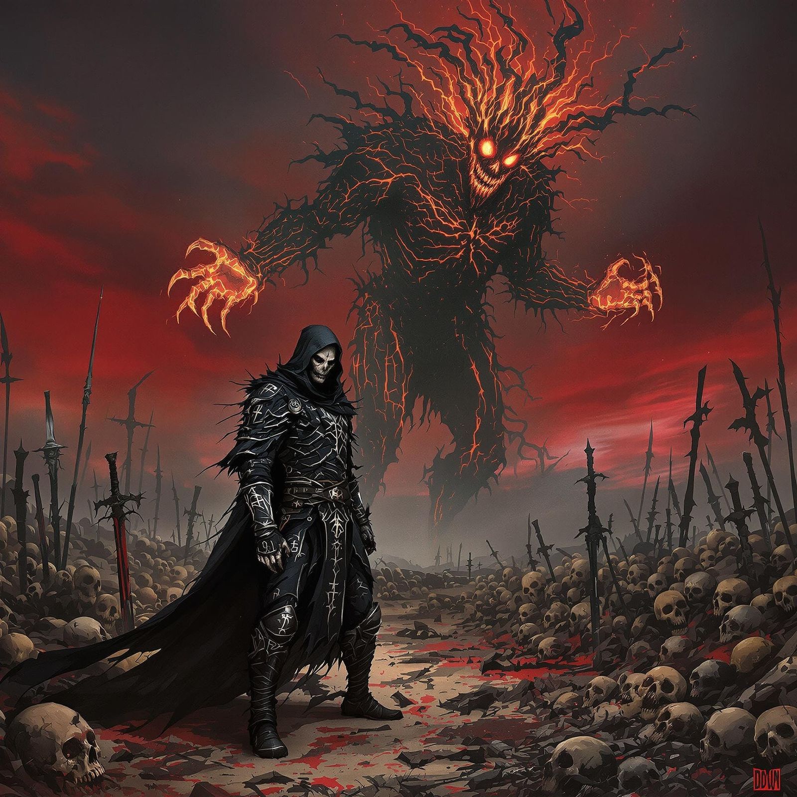 Necromancer Warrior Amidst Desolate Battlefield