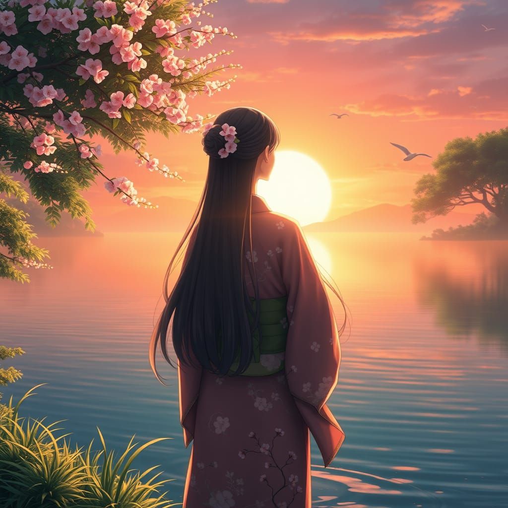 Serene Woman Lost in Tranquil Lake Landscape