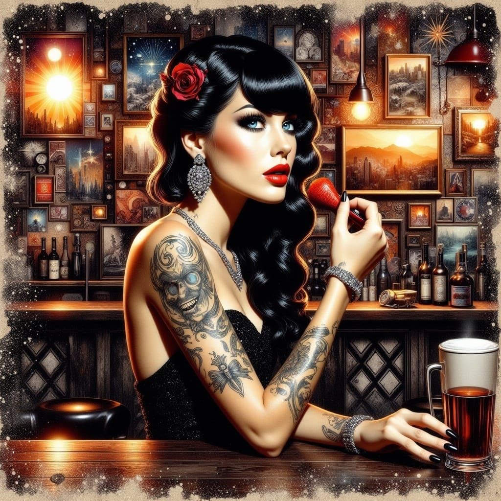 Brunette in Hipster Bar with Tattoos, Mixed Media
