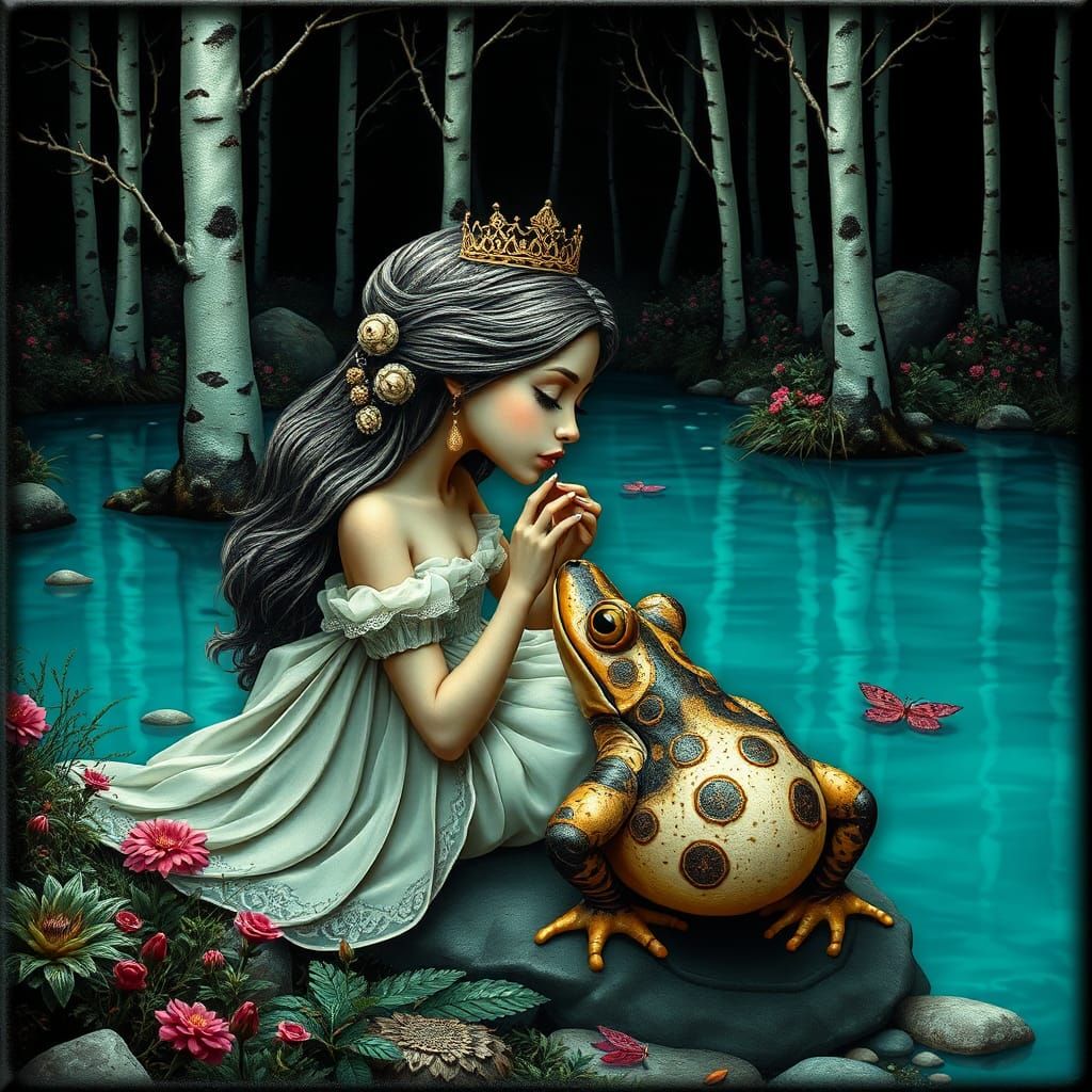 Princess Kisses Toad in Enchanted Pond: Fairy Tale Art