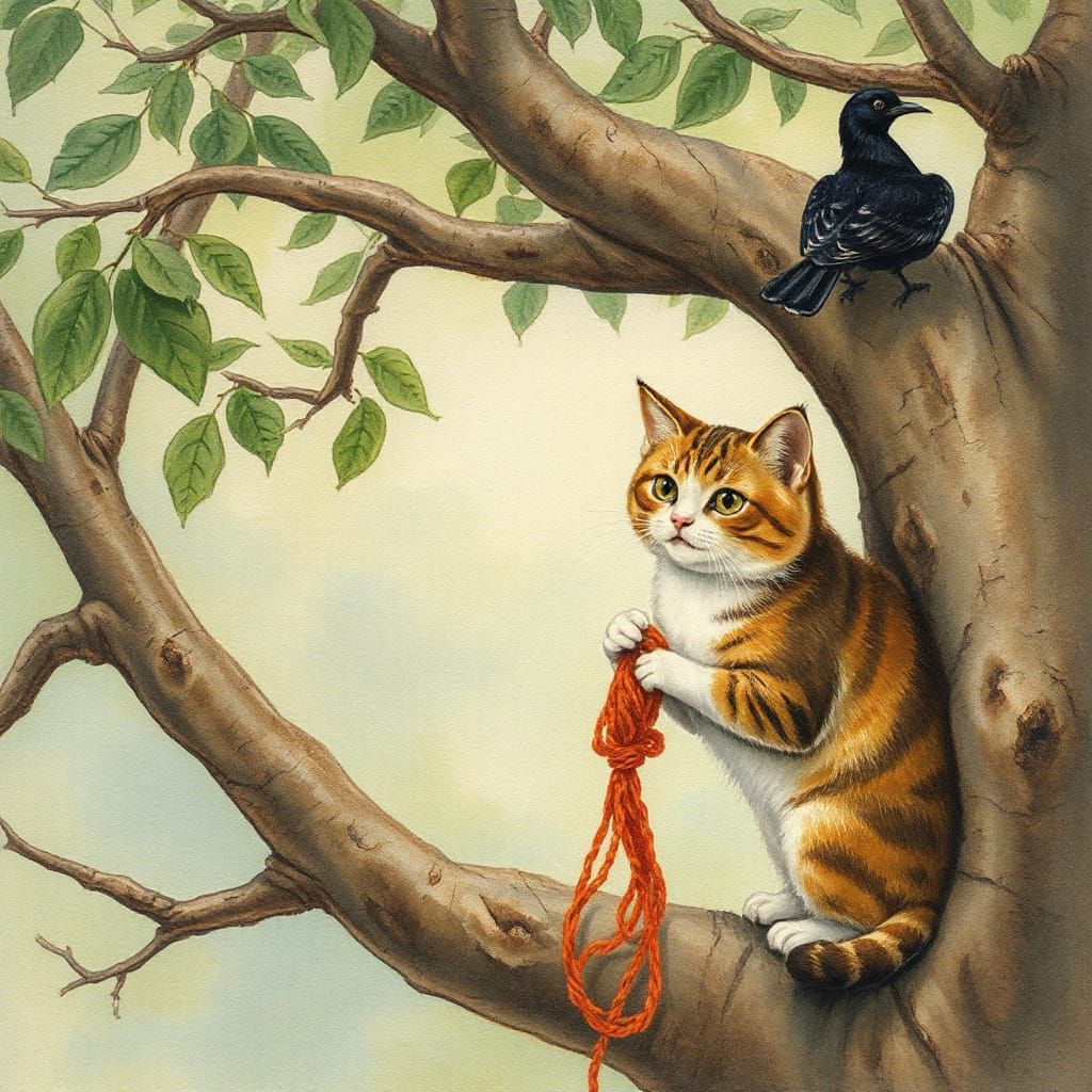 Whimsical Bird Observes Cat with Yarn