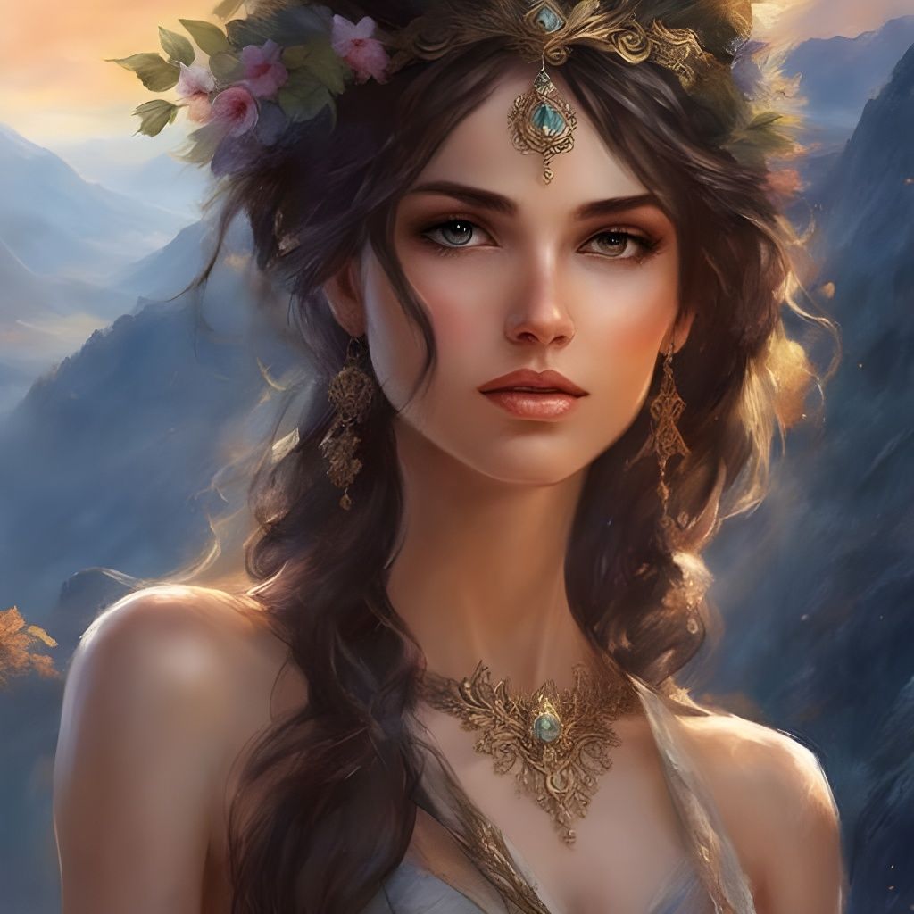 Beautiful Girl Portrait in Mountains, Splash Art Style