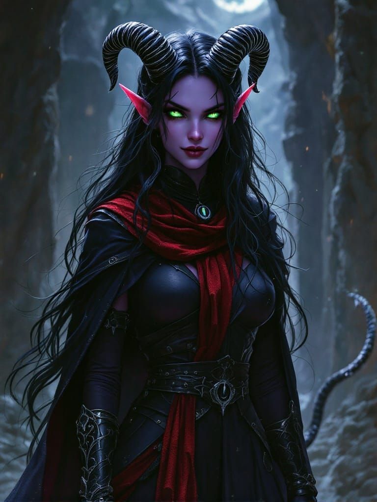 Ethereal Tiefling Goddess with Shimmering Skin and Horns