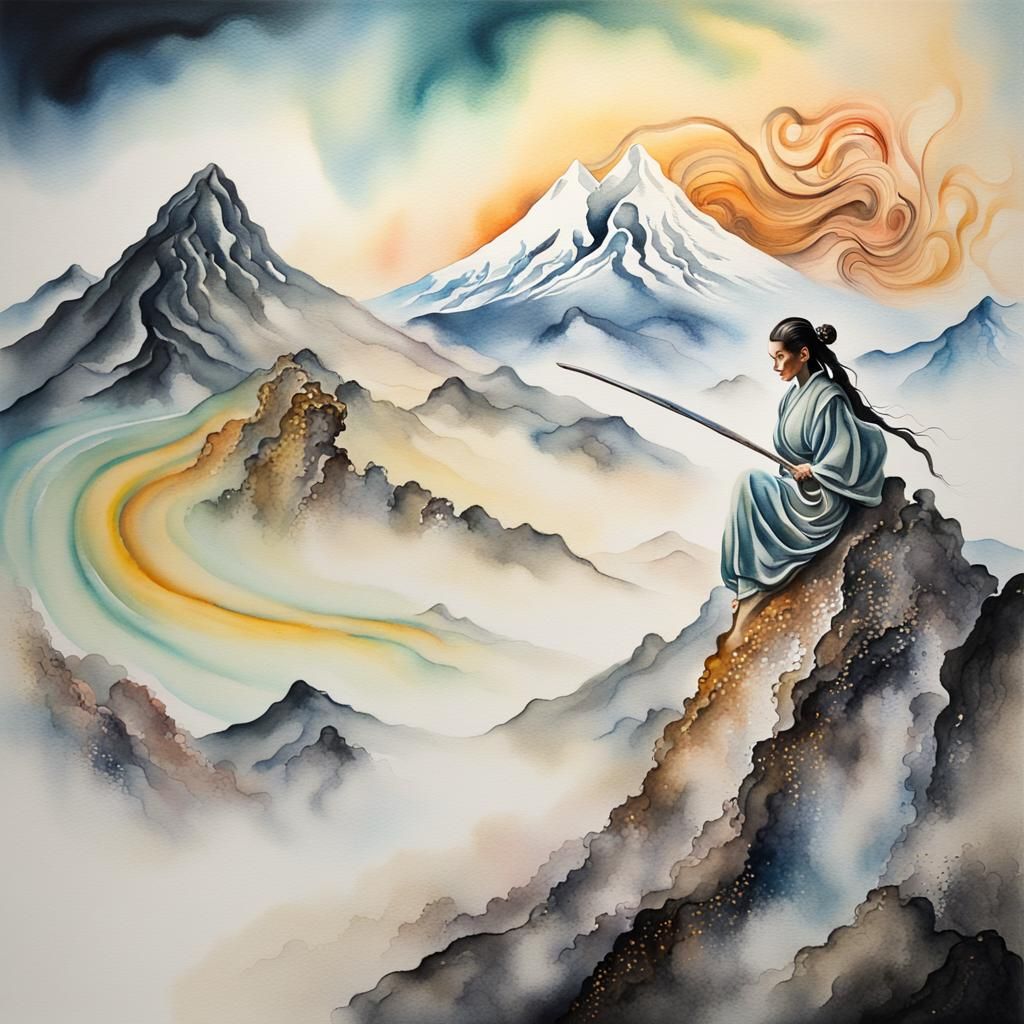 Misty Mountain Warrior in a Surreal Watercolor Landscape