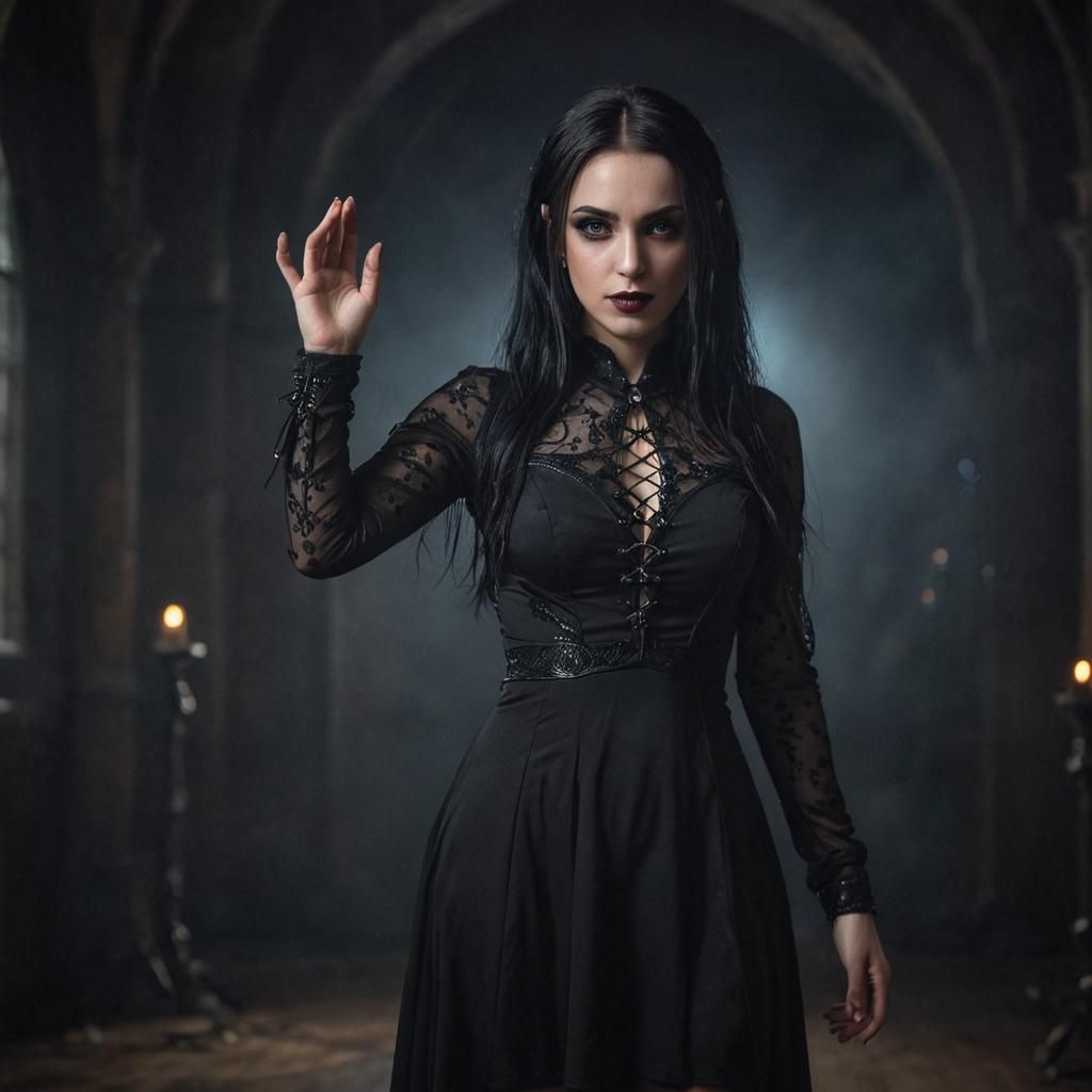 Gothic Woman Casting Spell: Hyperrealistic Full-Body Portrai...
