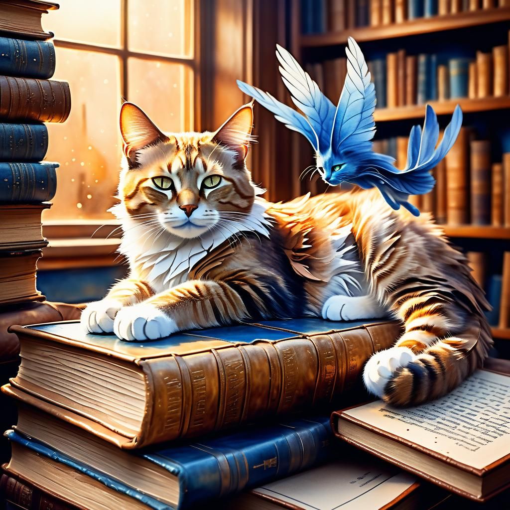 Winged Cat in Cozy Library: Watercolor Art