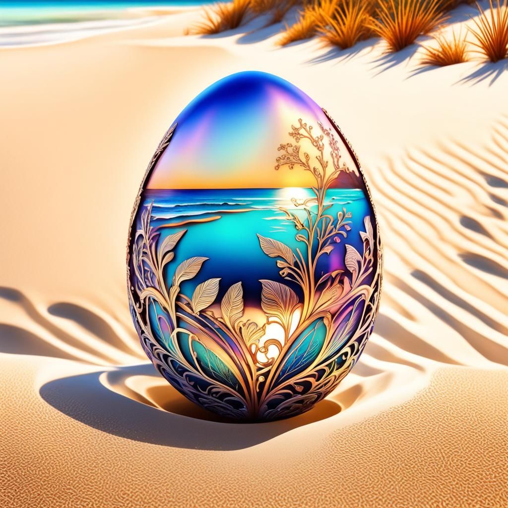Utopian Pearlescent Egg with Filigree Design on Seashore