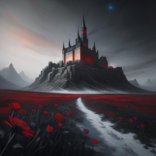 Tundra Landscape with Black Metal Castle and Red Flowers
