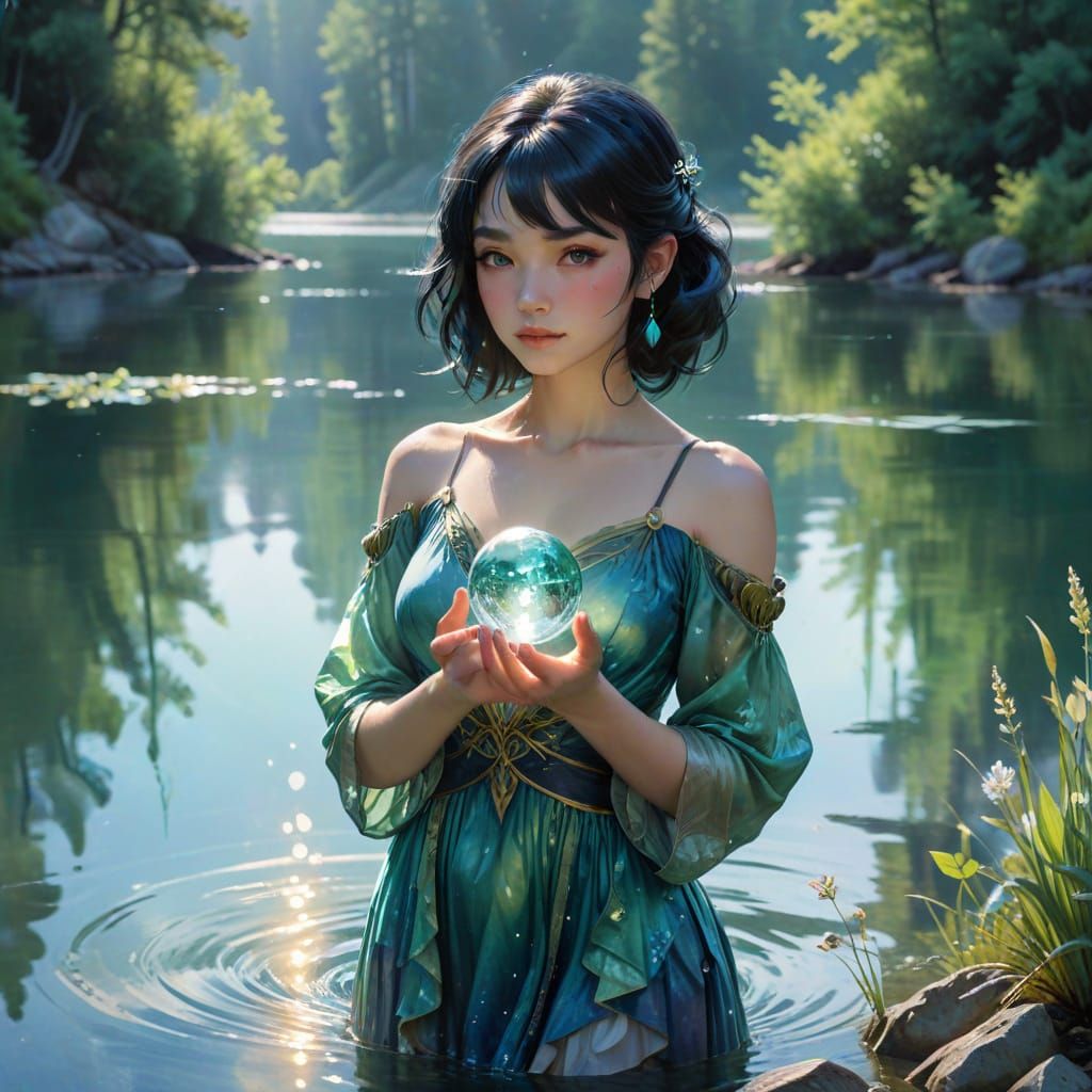 Dreamy Magical Girl by a Shimmering Lake