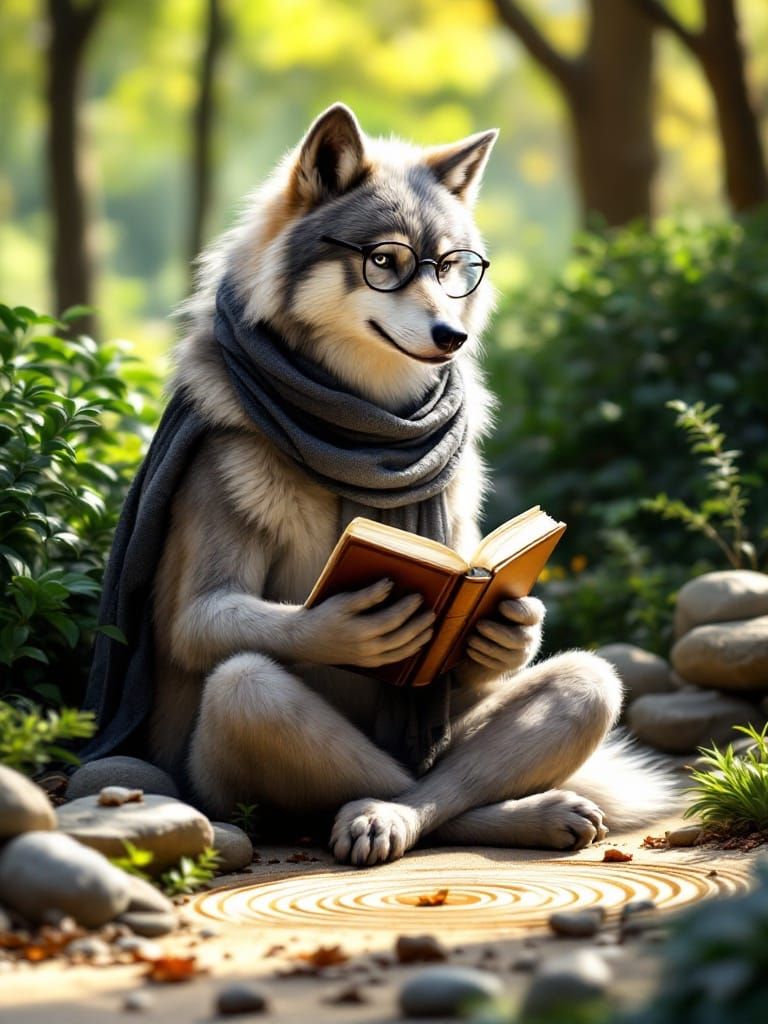 Mindful Wolf Reading in Zen Garden