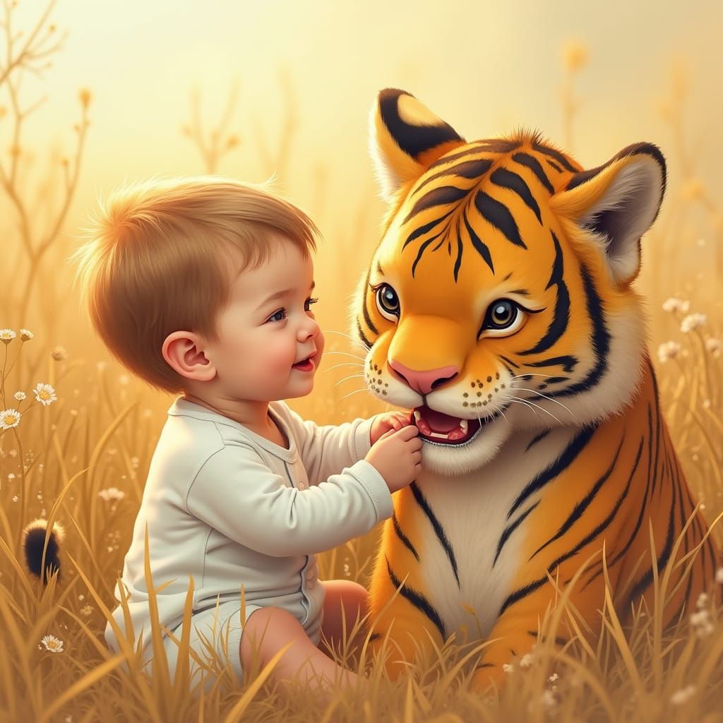 Baby and Tiger in Whimsical Style