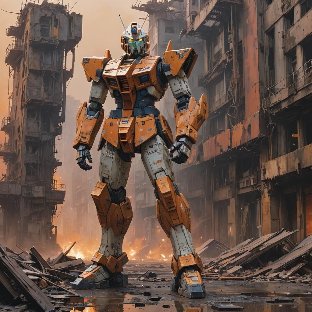 Gundam Mobile Suit in Ruined Cityscape, Oil Painting