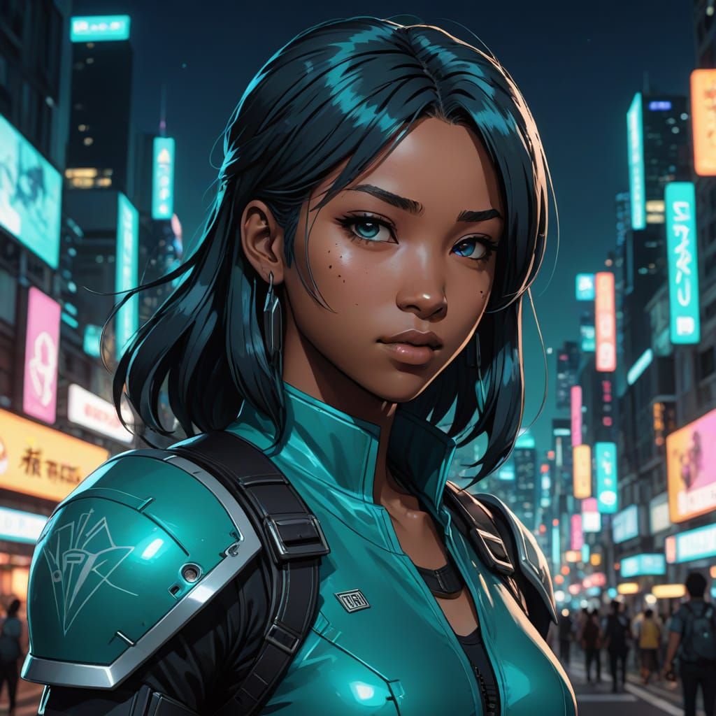 Anime Portrait of African American Teenage Girl in Teal Tifa...