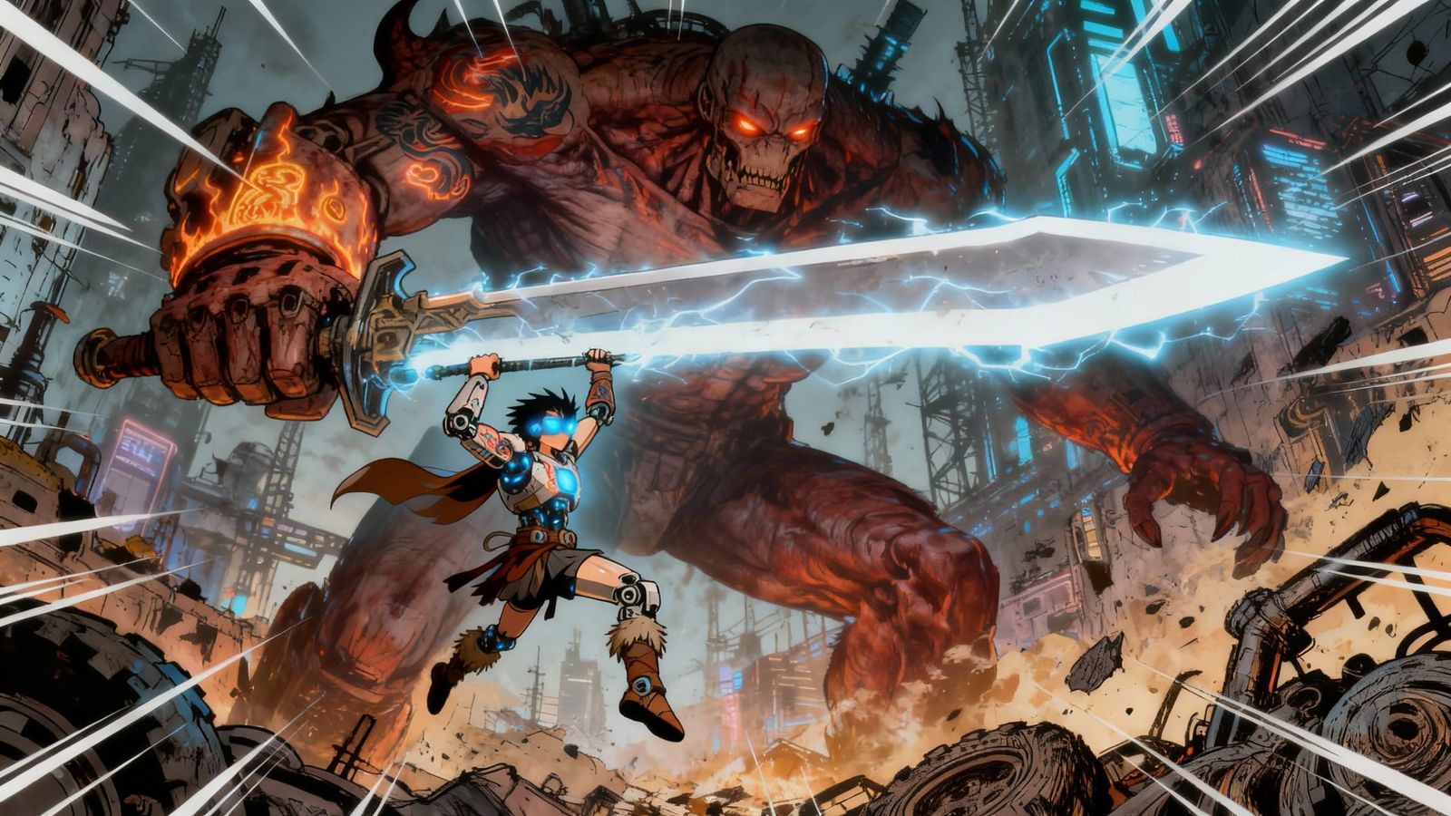 Cyberpunk Warrior Battles Demon in Dieselpunk City