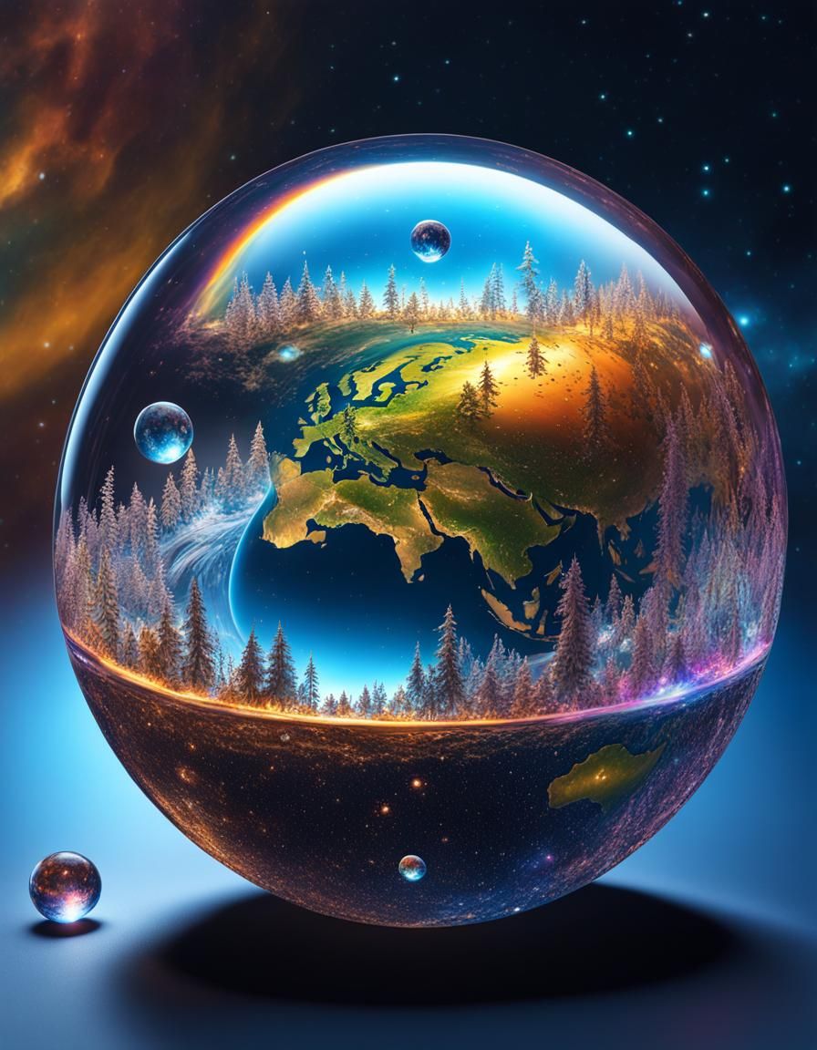 Earth in a water droplet floating in space