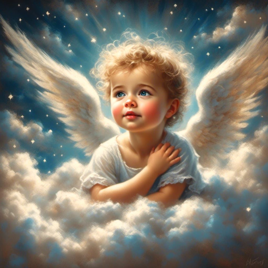 Cute Baby Angel on Clouds in Chalk Art Style