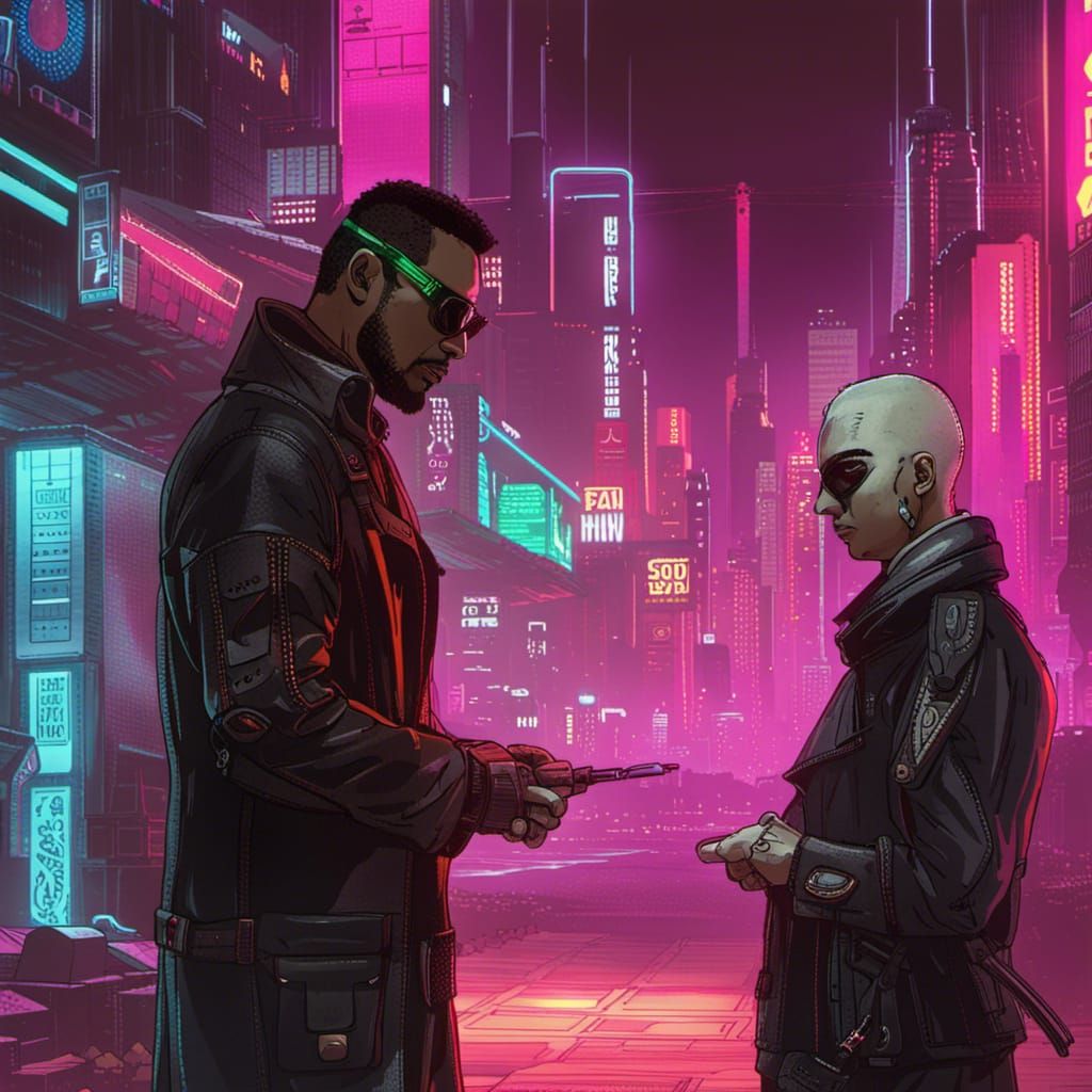 Ethical AI Debate in Cyberpunk Neon Cityscape