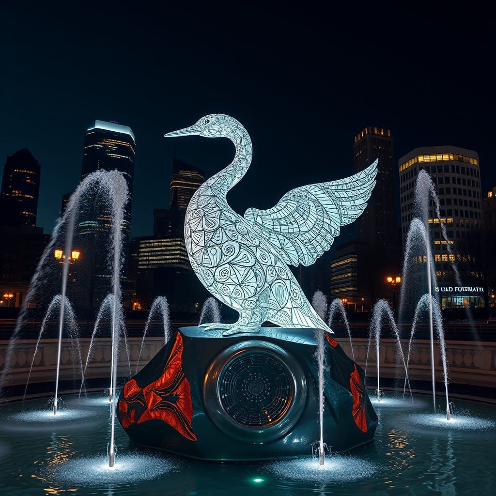 Whispering Loon Fountain Sculpture at Night