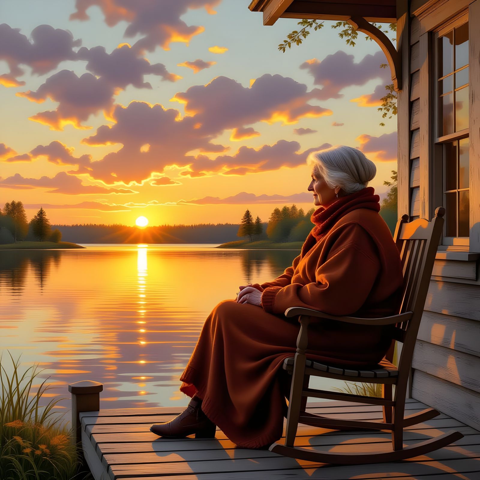 Wise Woman Overlooking Sunset Lake as Oil Painting