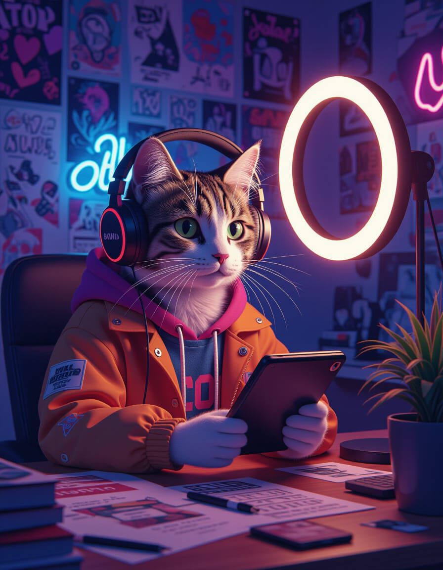 Gen Z Cat Vlogging in a Neon Digital Art Style