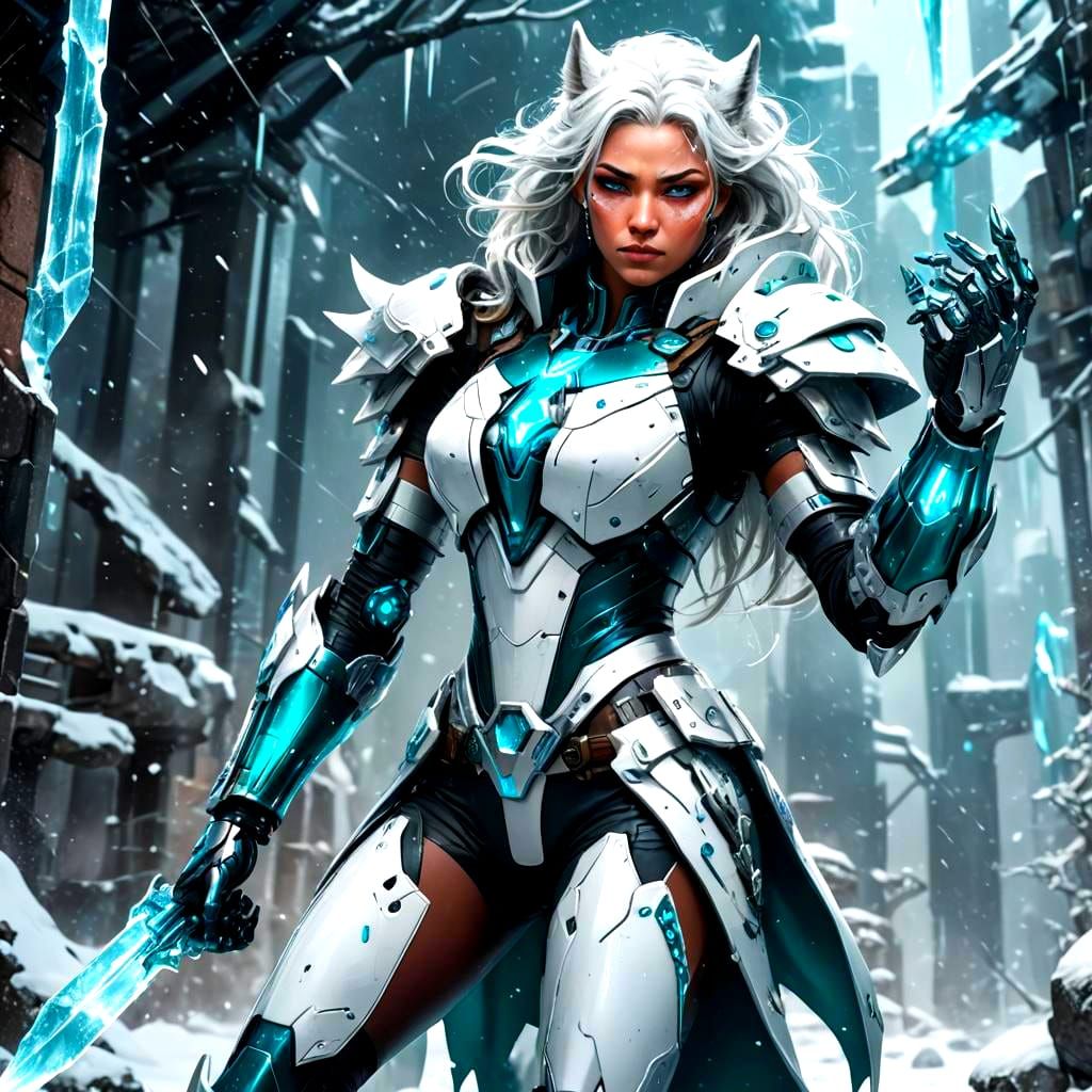 Cybernetic Superheroine in Wolf Suit with Icicle