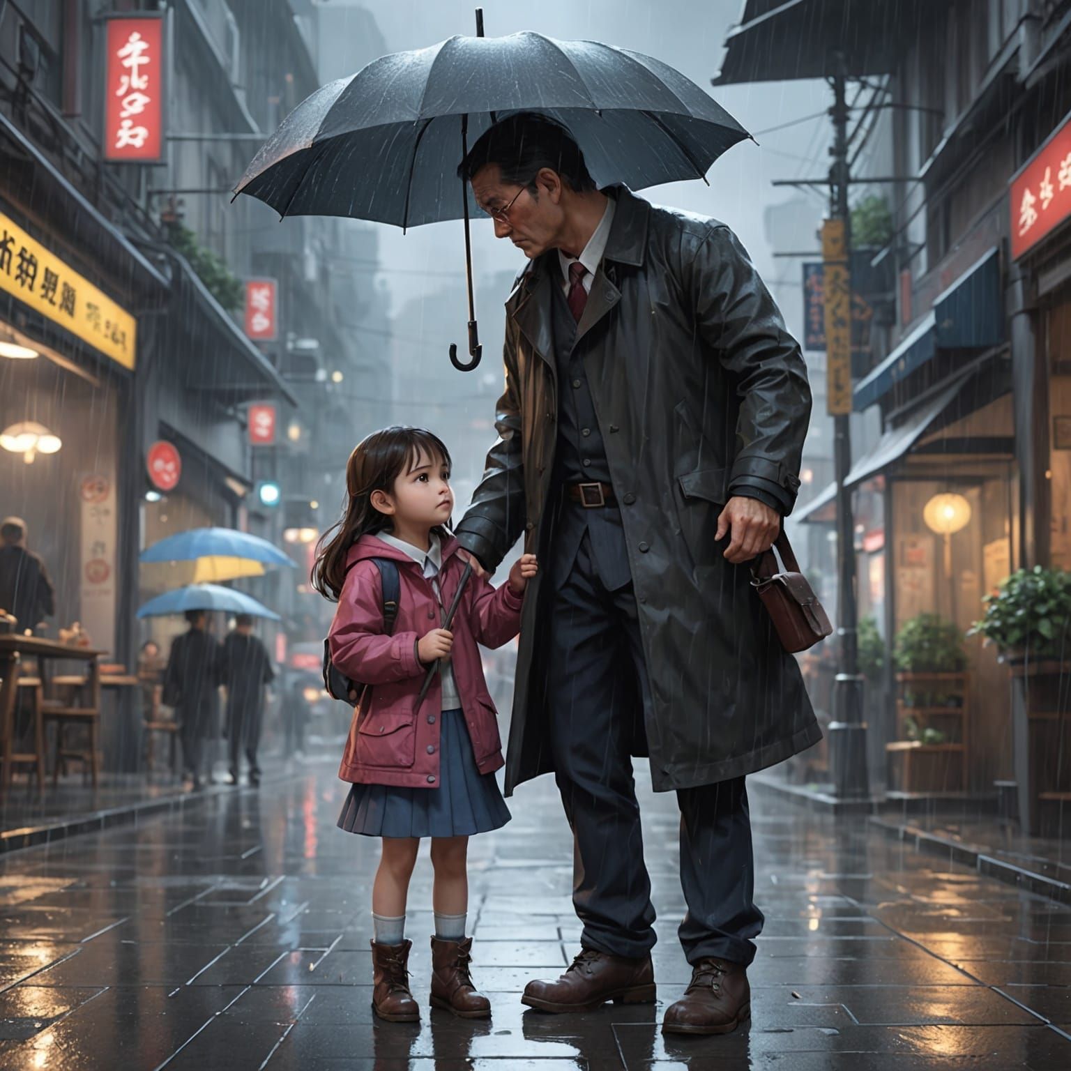 Girl Helps Father in Rain: 3D Anime Art