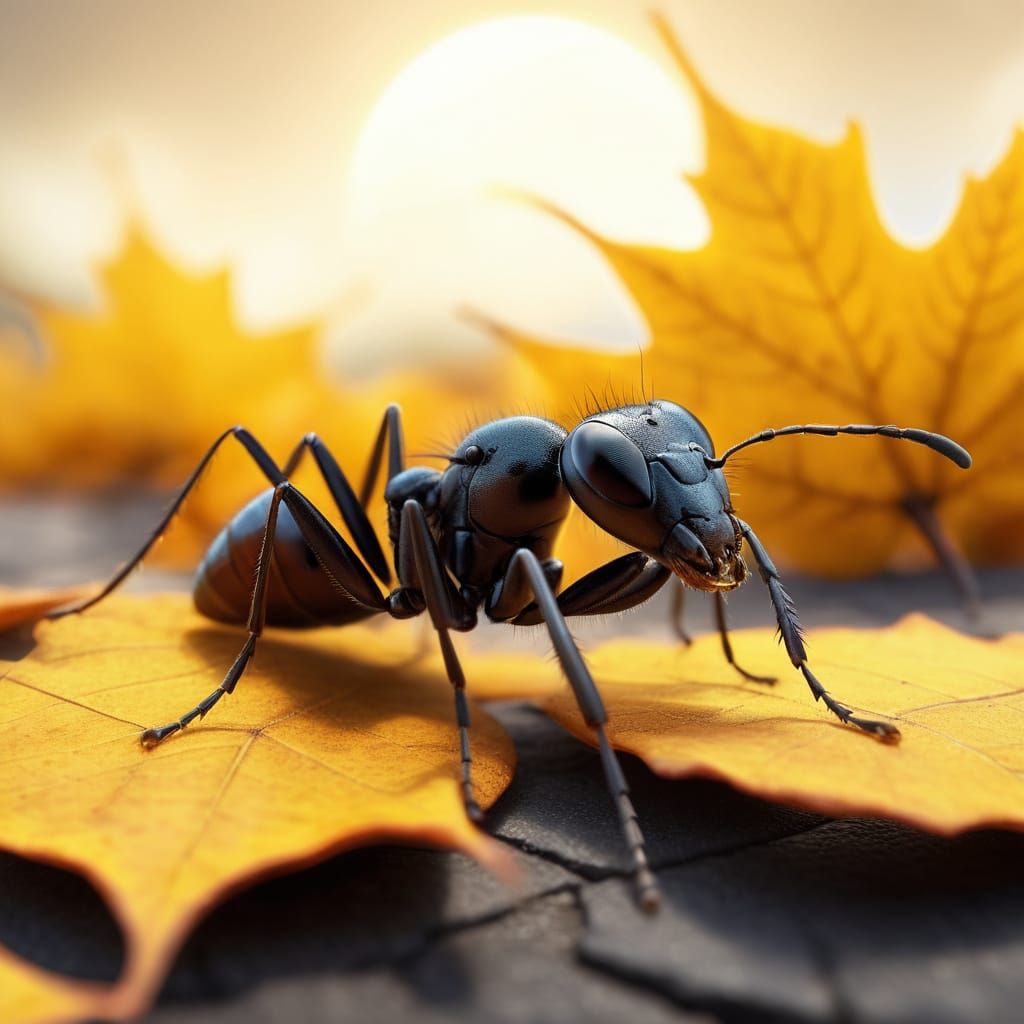 Macro Ant Dragging Fly on Autumn Leaves