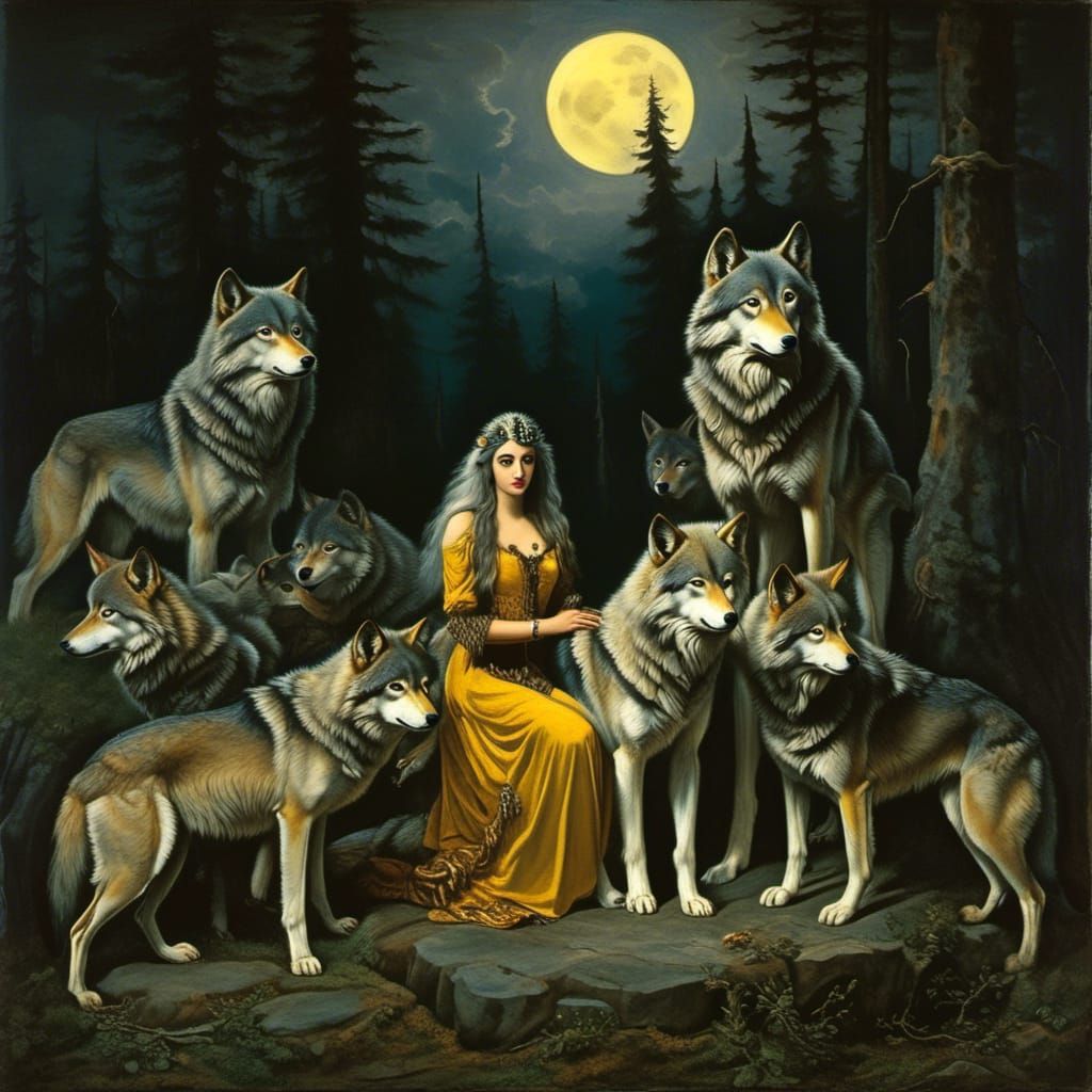 Wolf Woman and Wolves in Moonlight