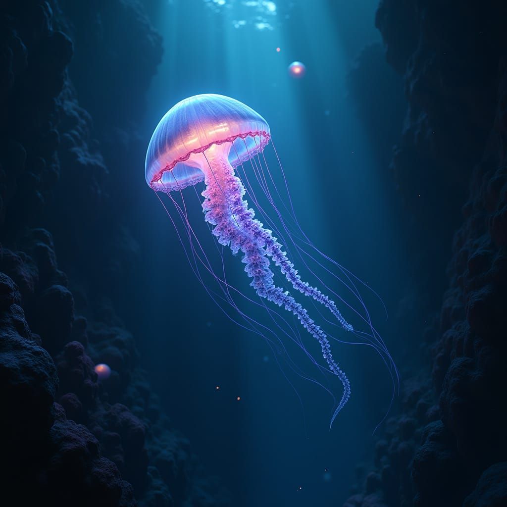 Ethereal Bioluminescent Jellyfish Illuminates Deep-Sea Trenc...