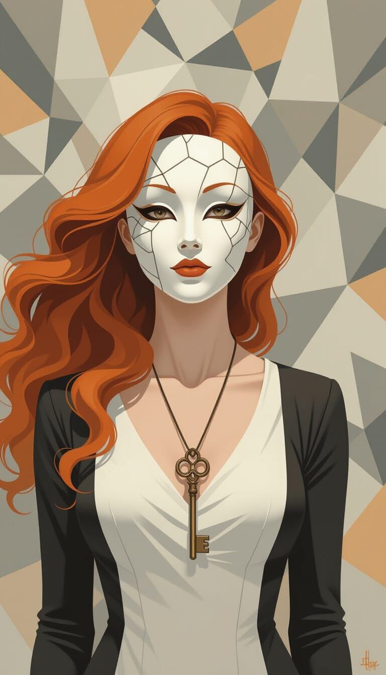 Woman in Ornate Mask Before Geometric Shapes, Surreal Digita...