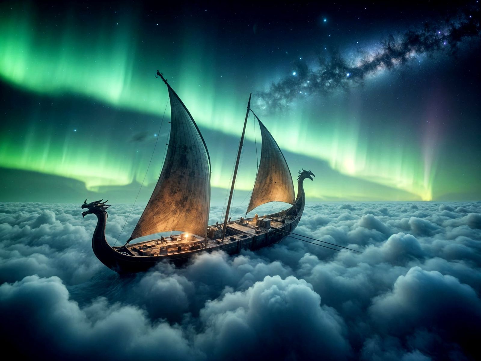 Viking Longship Sails Celestial Sea Under Aurora Borealis