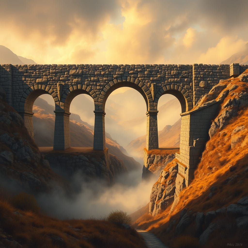 Weathered Stone Bridge in a Dramatic Landscape