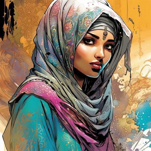 Intricate Splash Art of a Beautiful Muslim Girl