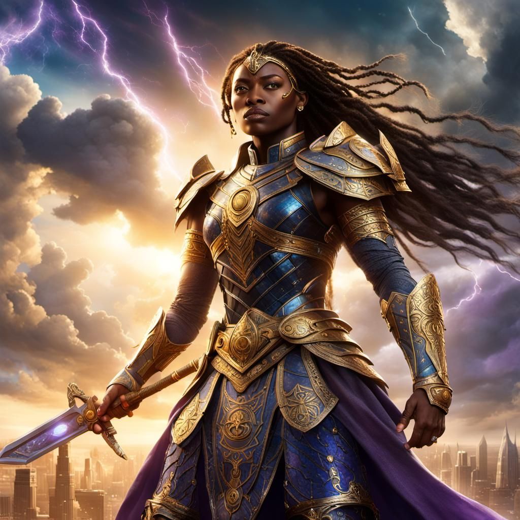 Epic Black Woman Warrior in Holographic Gold Armor